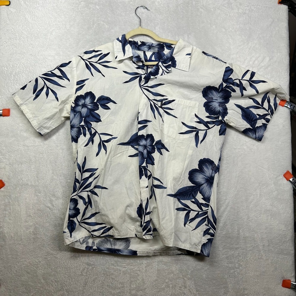 Palmwave Hawaiian Button Up Shirt Men's White Navy Floral Short Sleeve Aloha